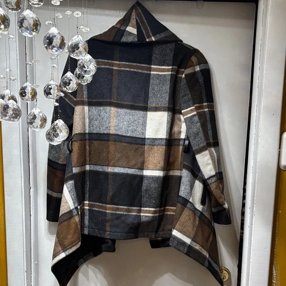 Chicwish Plaid Cape Jacket in Black, Gray, and Brown - Picture 4 of 4
